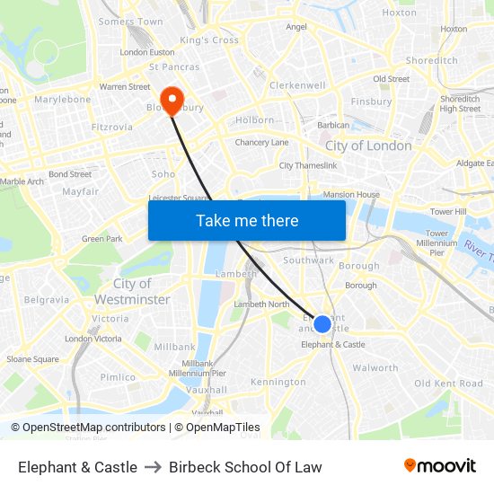 Elephant & Castle to Birbeck School Of Law map