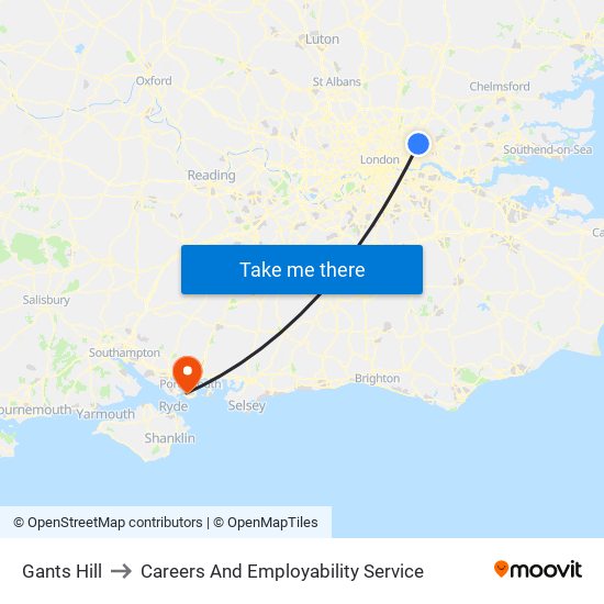 Gants Hill to Careers And Employability Service map