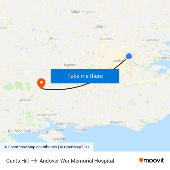 Gants Hill to Andover War Memorial Hospital map