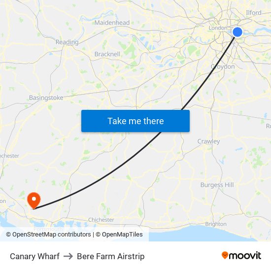 Canary Wharf to Bere Farm Airstrip map