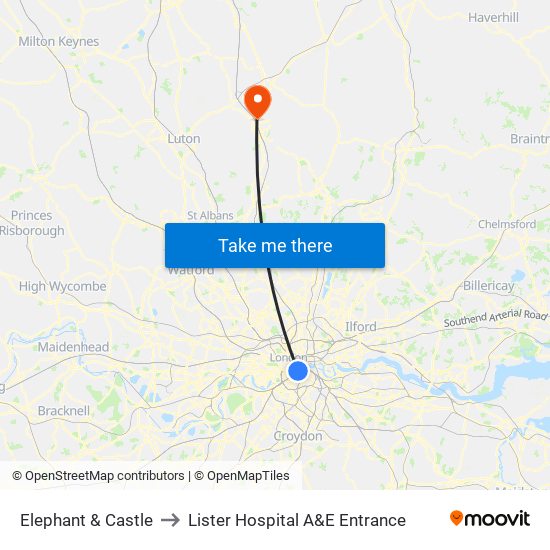 Elephant & Castle to Lister Hospital A&E Entrance map
