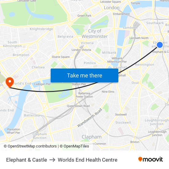 Elephant & Castle to Worlds End Health Centre map