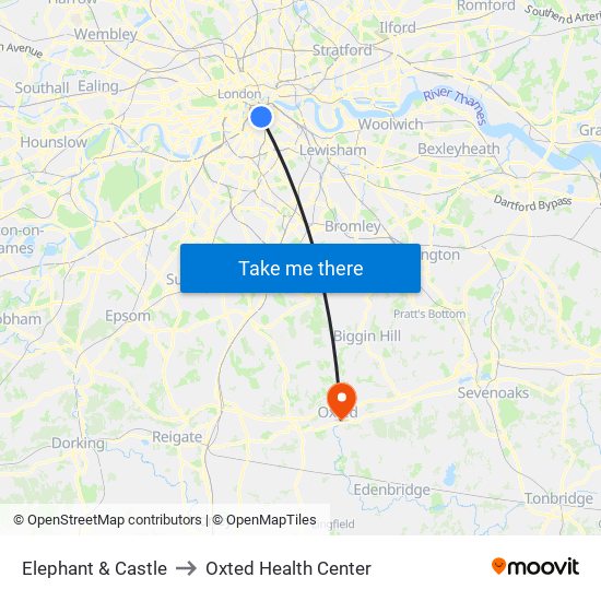 Elephant & Castle to Oxted Health Center map