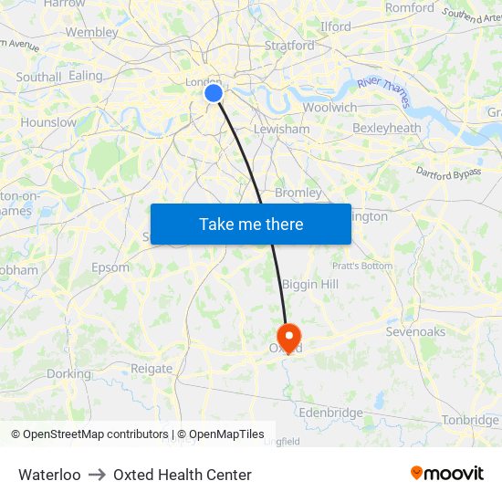 Waterloo to Oxted Health Center map