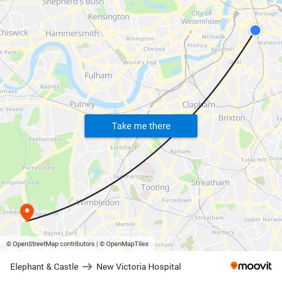 Elephant & Castle to New Victoria Hospital map