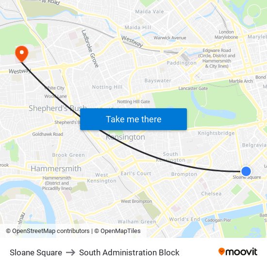 Sloane Square to South Administration Block map