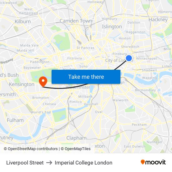 Liverpool Street to Imperial College London map