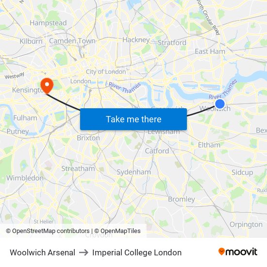 Woolwich Arsenal to Imperial College London map