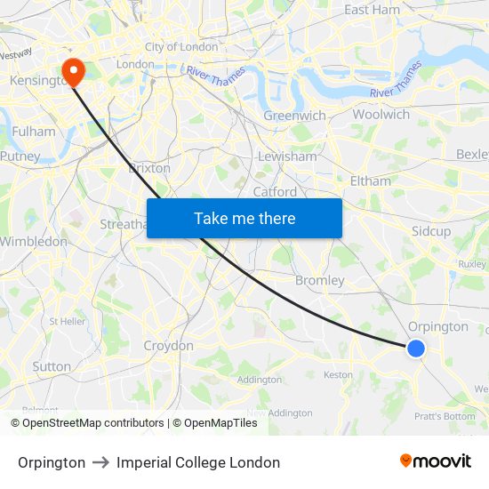 Orpington to Imperial College London map