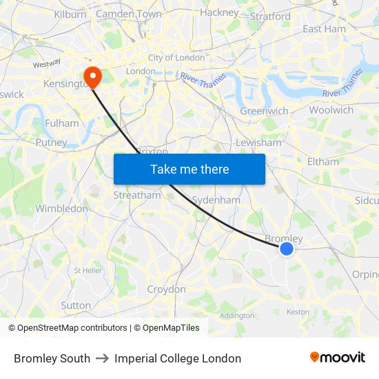 Bromley South to Imperial College London map