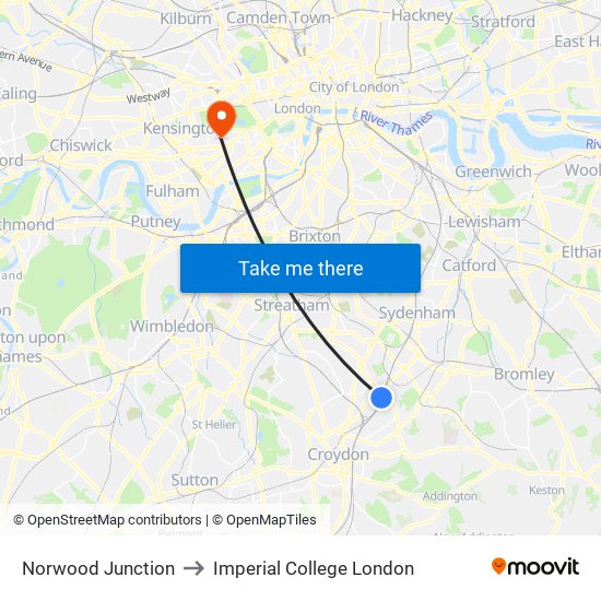 Norwood Junction to Imperial College London map