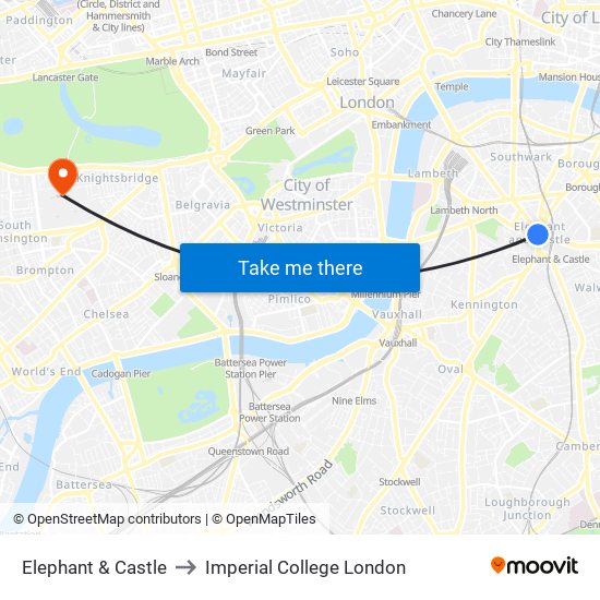 Elephant & Castle to Imperial College London map