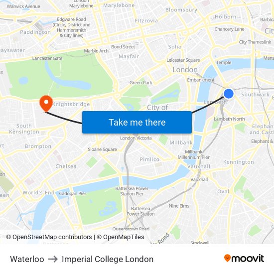 Waterloo to Imperial College London map