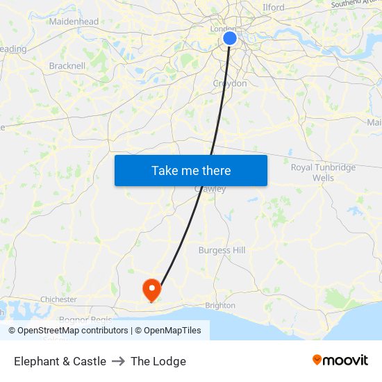 Elephant & Castle to The Lodge map