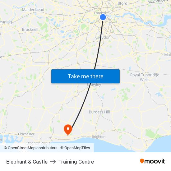 Elephant & Castle to Training Centre map