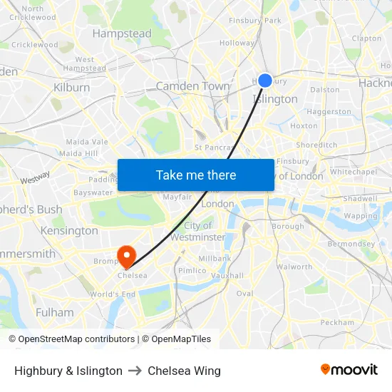 Highbury & Islington to Chelsea Wing map