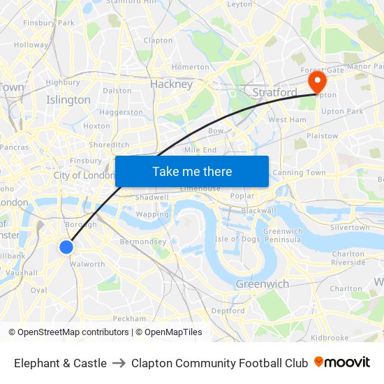 Elephant & Castle to Clapton Community Football Club map