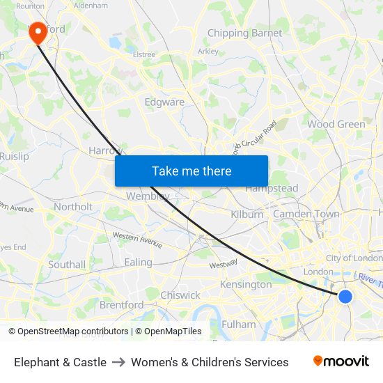 Elephant & Castle to Women's & Children's Services map