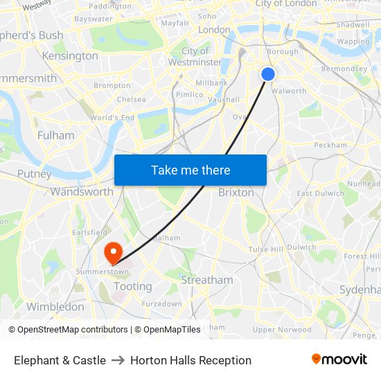Elephant & Castle to Horton Halls Reception map