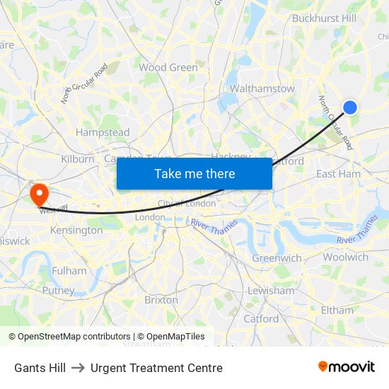 Gants Hill to Urgent Treatment Centre map