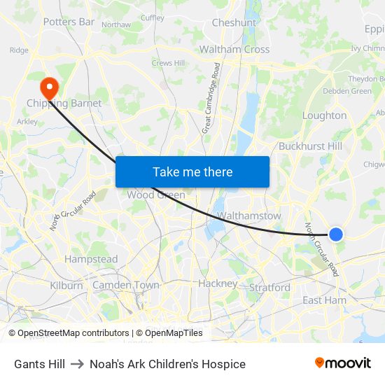 Gants Hill to Noah's Ark Children's Hospice map