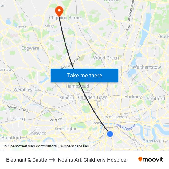 Elephant & Castle to Noah's Ark Children's Hospice map