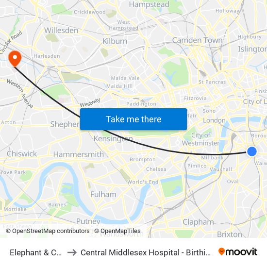 Elephant & Castle to Central Middlesex Hospital - Birthing Centre map