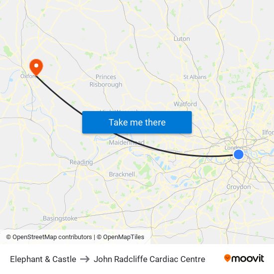 Elephant & Castle to John Radcliffe Cardiac Centre map