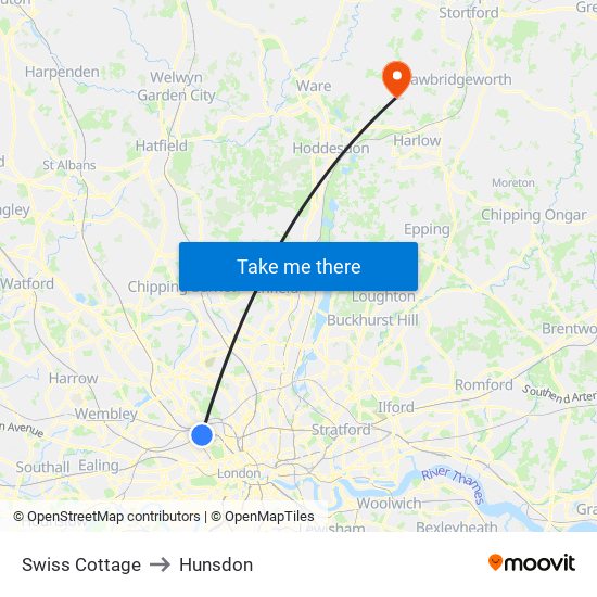 Swiss Cottage to Hunsdon map