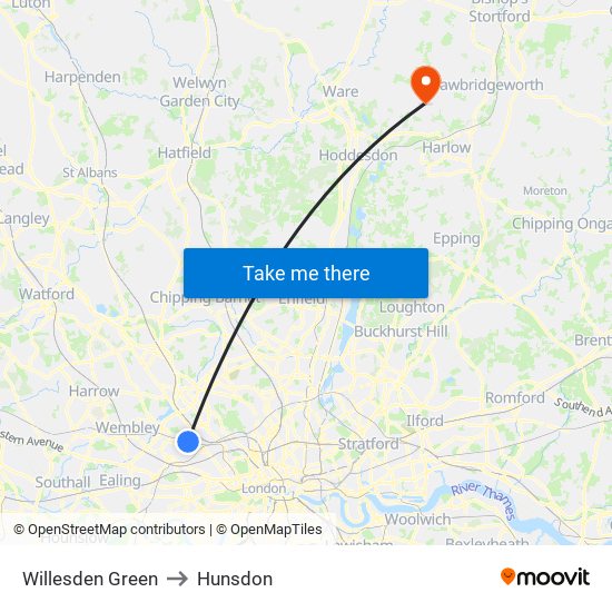 Willesden Green to Hunsdon map