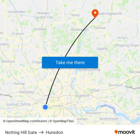 Notting Hill Gate to Hunsdon map