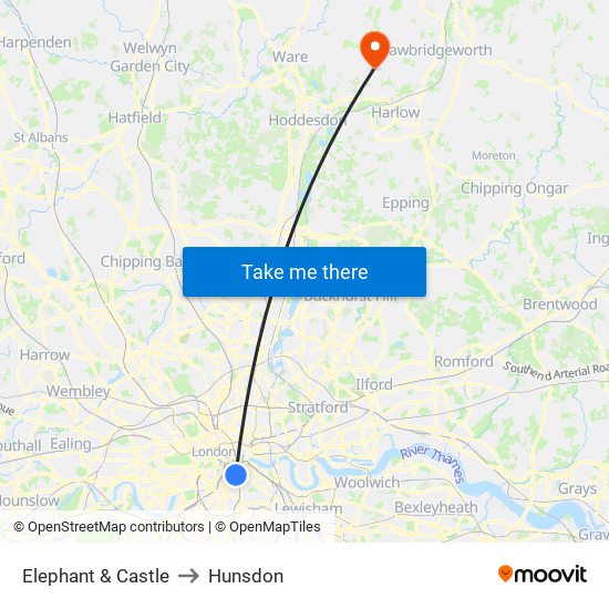Elephant & Castle to Hunsdon map