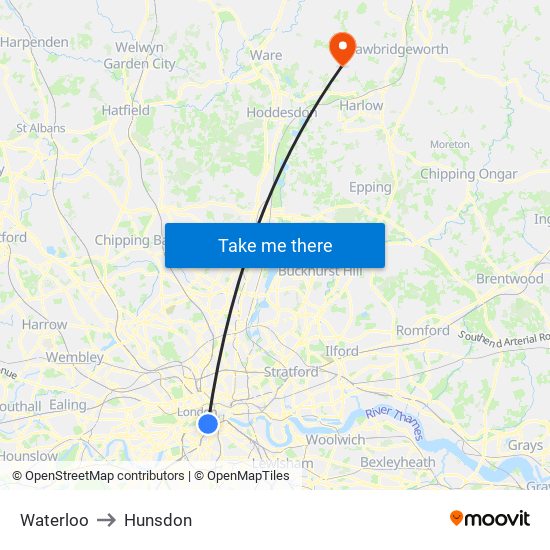 Waterloo to Hunsdon map