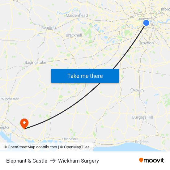 Elephant & Castle to Wickham Surgery map