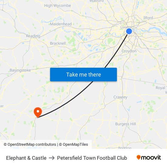 Elephant & Castle to Petersfield Town Football Club map