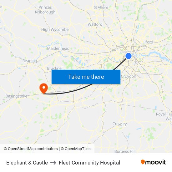 Elephant & Castle to Fleet Community Hospital map