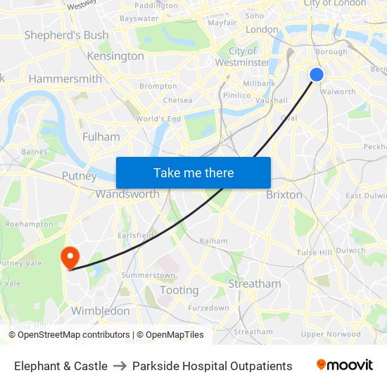 Elephant & Castle to Parkside Hospital Outpatients map
