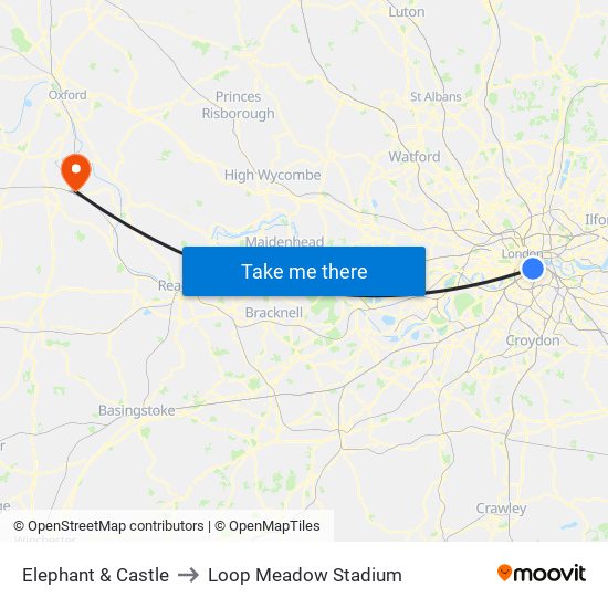 Elephant & Castle to Loop Meadow Stadium map