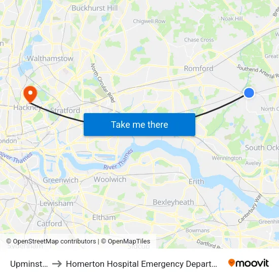Upminster to Homerton Hospital Emergency Department map