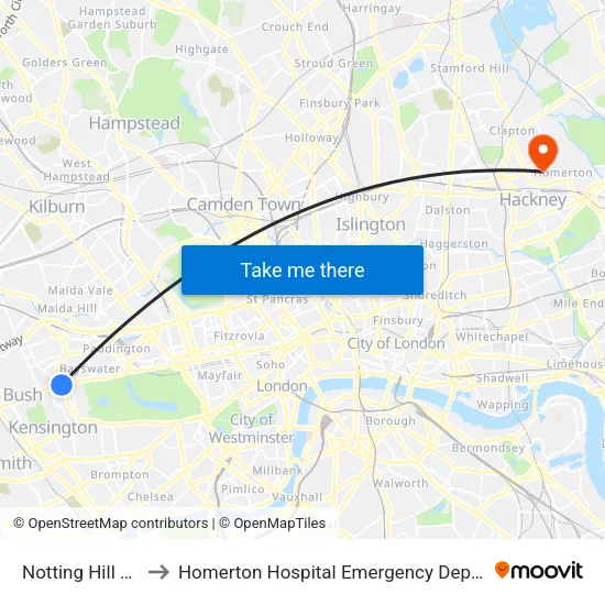 Notting Hill Gate to Homerton Hospital Emergency Department map