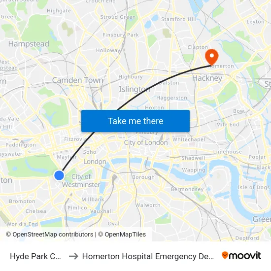 Hyde Park Corner to Homerton Hospital Emergency Department map