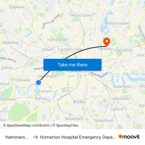 Hammersmith to Homerton Hospital Emergency Department map