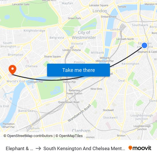 Elephant & Castle to South Kensington And Chelsea Mental Health Centre map