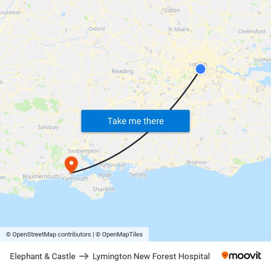 Elephant & Castle to Lymington New Forest Hospital map