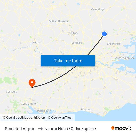 Stansted Airport to Naomi House & Jacksplace map