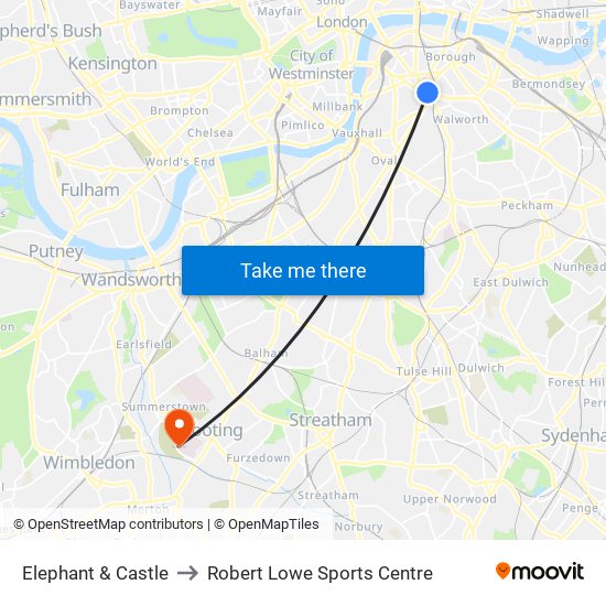 Elephant & Castle to Robert Lowe Sports Centre map