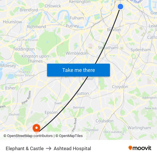 Elephant & Castle to Ashtead Hospital map