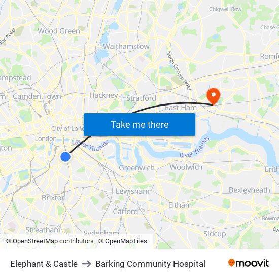 Elephant & Castle to Barking Community Hospital map