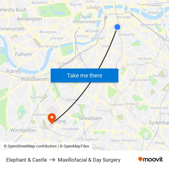 Elephant & Castle to Maxillofacial & Day Surgery map
