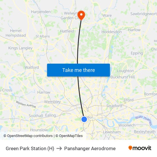 Green Park Station (H) to Panshanger Aerodrome map